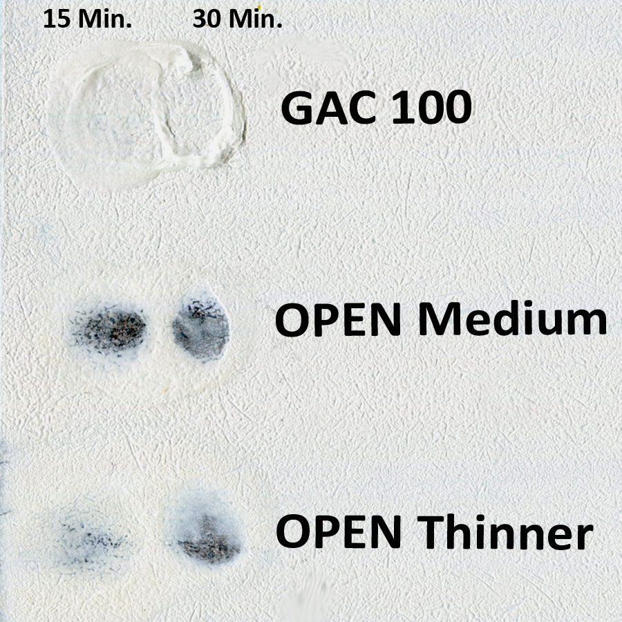 GAC 100, OPEN Medium and OPEN Thinner over two coats of Zinnser's B-I-N on a hardboard panel