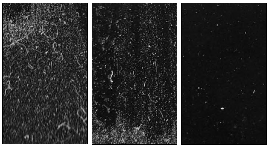 Above is an example of a dirty acrylic film showing two types of cleaning methods. Pictured left to right is the dirty acrylic film, the dry cleaning method and a wet cleaning method.