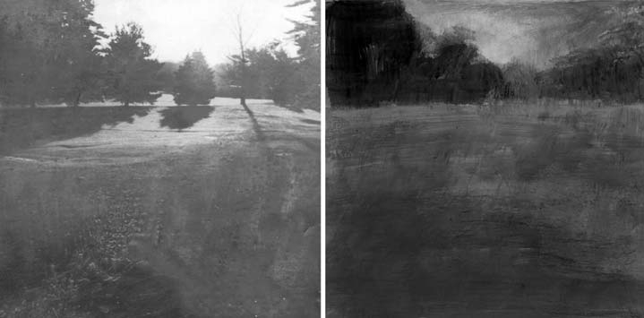 Left: A faint image taken from a photograph and printed on paper. Right: Acrylic paints have been applied over the printed image.