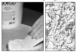Left: GOLDEN Molding Paste applied to a non-woven fabric to create a textured surface. Right: Detail of surface made from GOLDEN Crackle Paste with GOLDEN Acrylic Gold Glaze.