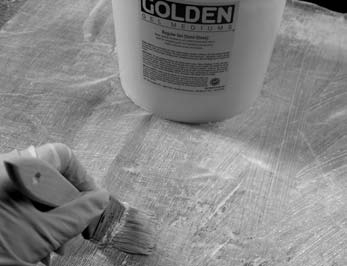 Materials are collaged to a polypropylene support using GOLDEN Regular Gel to create unique surfaces for inkjet printing.