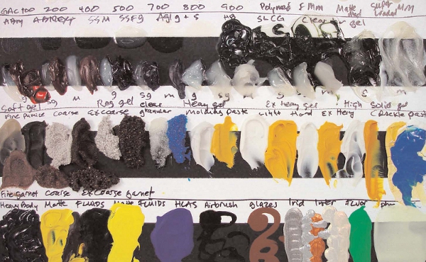 A portion of a Product Review Board showing the alternating black and white bands with samples of GOLDEN Mediums and Gels, both by themselves and mixed with color.