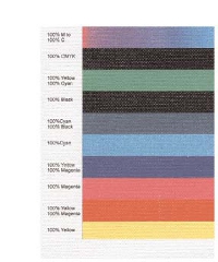 Digital print on inkjet canvas cloth showing the rows of Cyan, Magenta,Yellow, and Black along with various mixtures.