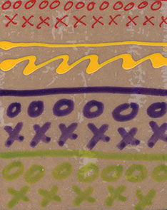 Naphthol Red Crow Quill, Diarylide Yellow Fine Tip Applicator, Ultra. Violet and Green Gold markers on Polyester Film