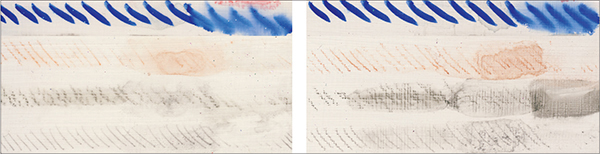 Figure 11: Harder, glossier and less porous surfaces like Polymer Medium (left) and GAC 200 (right) did not facilitate blending well.