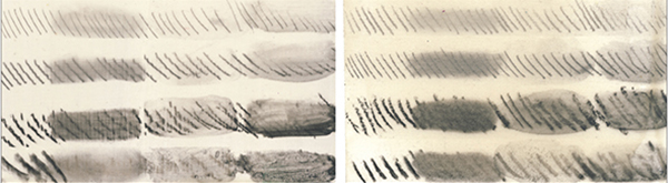 Figure 12: Super Loaded Matte Medium (left) and Fine Pumice Gel (right) held graphite and crayon very well.