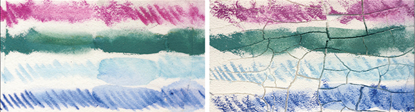 Figure 15: Soft and spongy surfaces like Light Molding Paste (left) and Crackle Paste (right) accepted most media while still providing their own unique texture.