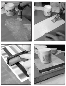 Top left: Seal paper and canvas surfaces with Soft Gel; allow to dry. Top right: Apply thin coat Soft Gel as glue layer. Bottom left: While gel is wet, lay print evenly onto canvas. Bottom right: Carefully place weight on print to prevent buckling; allow to dry.