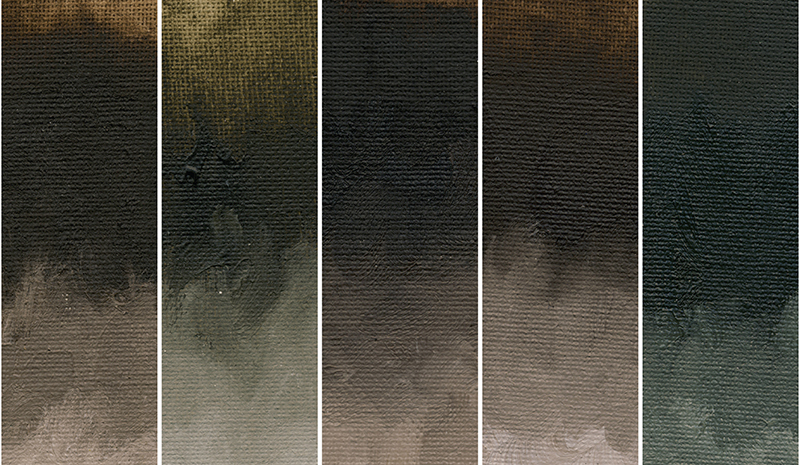 Natural Brown Earth known as Umbers (left to right): Williamsburg Burnt Umber, Italian Raw Umber, French Burnt Umber, Brown Umber, Turkey Umber