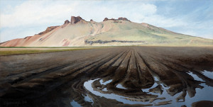 Afternoon shadows on the Peninsula in October (series: Tulelake / Lava Beds), oil on gessoed hardboard, 12" x 24"