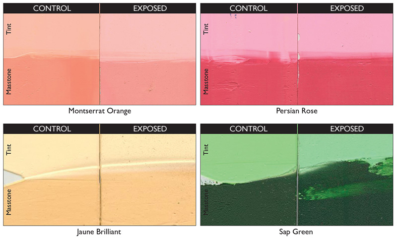 Test panels showing outdoor exposure results compared to unexposed controls. Jaune Brilliant showed little change and its formula will remain the same. Other blends will be changing and made with ASTM 1 rated pigments.