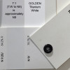 Neutral Gray Number 9 Image 1 - Showing a side by side drawdown of GOLDEN N8 Neutral Gray, Titanium White, and between them, a 7:1 blend of GOLDEN Titanium White to GOLDEN N8 Neutral Gray. The scale shown underneath is an official Munsell® Neutral Value Scale, Matte Edition.
