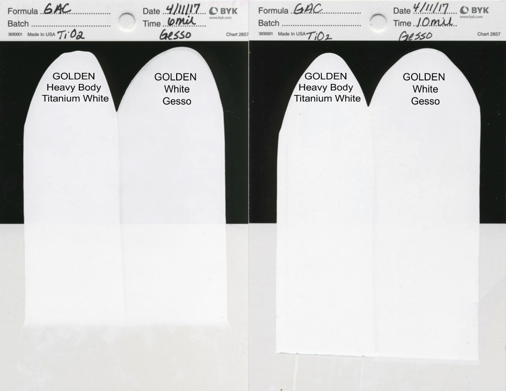 Two drawdowns comparing Heavy Body Titanium White with our White Gesso. On the left is a 6 mil thickness and on the right, 10 mil. An average brush stroke is about 6 mil.>